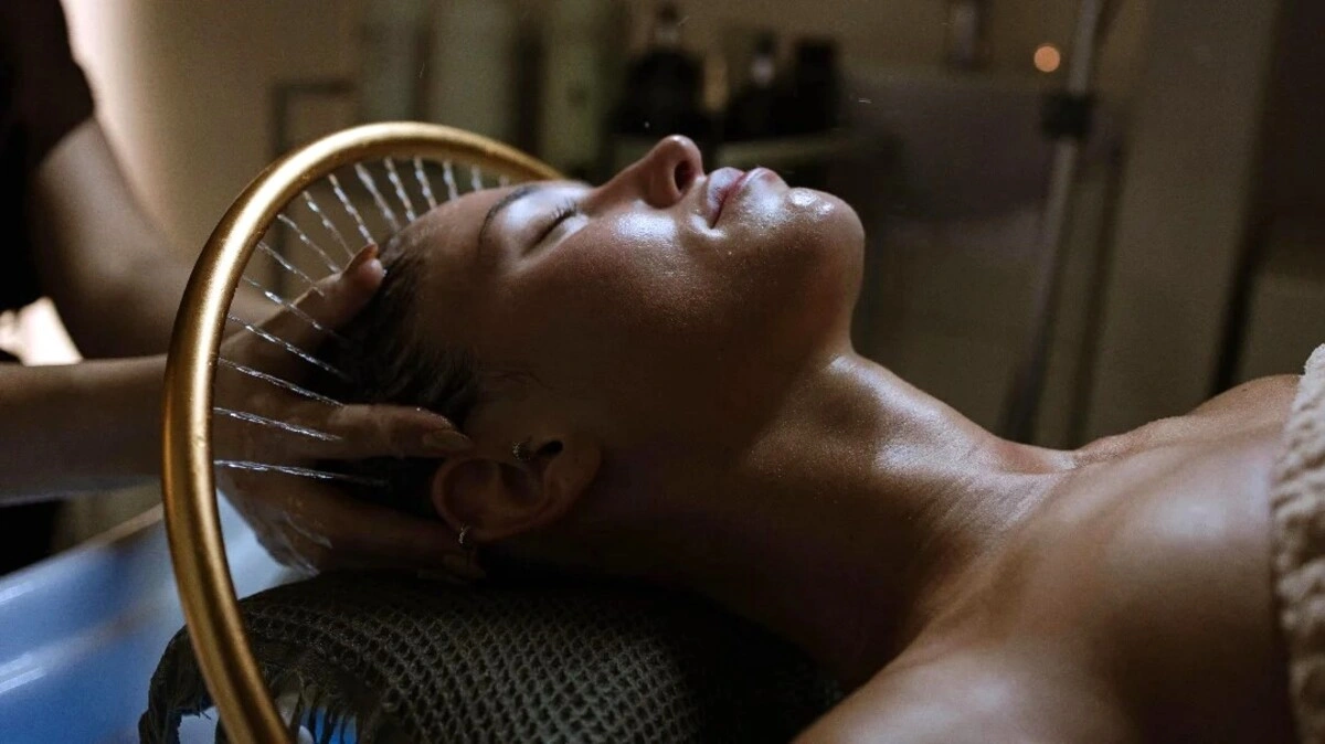 Gros plan d'une femme détendue, les yeux fermés, pendant un head spa japonais dans un salon calme