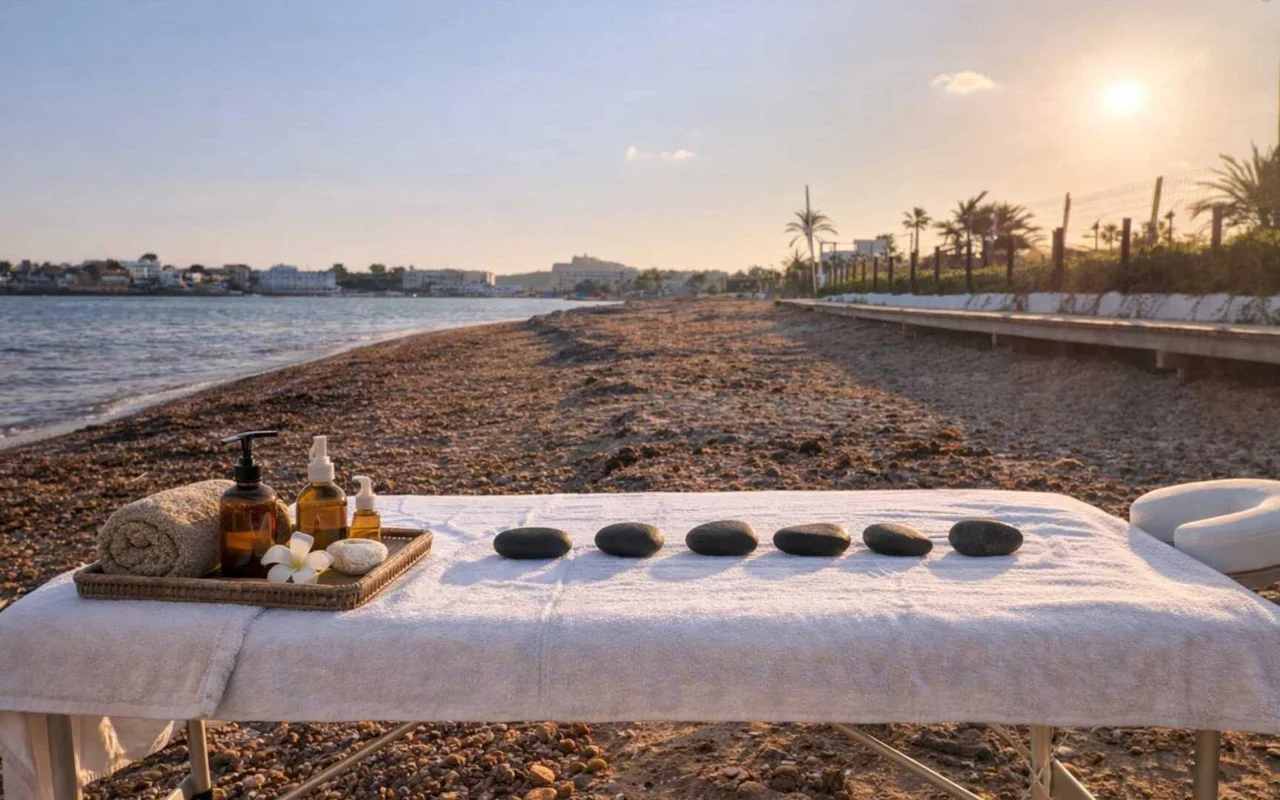 Une table de massage installée sur une plage de galets à l'heure dorée, dressée d'une serviette roulée, d'un plateau de flacons d'huile ambrée, d'une fleur de frangipanier et d'une rangée de pierres chaudes sombres. La mer et un rivage bordé de palmiers s'étirent au loin sous un ciel de soirée chaleureux.